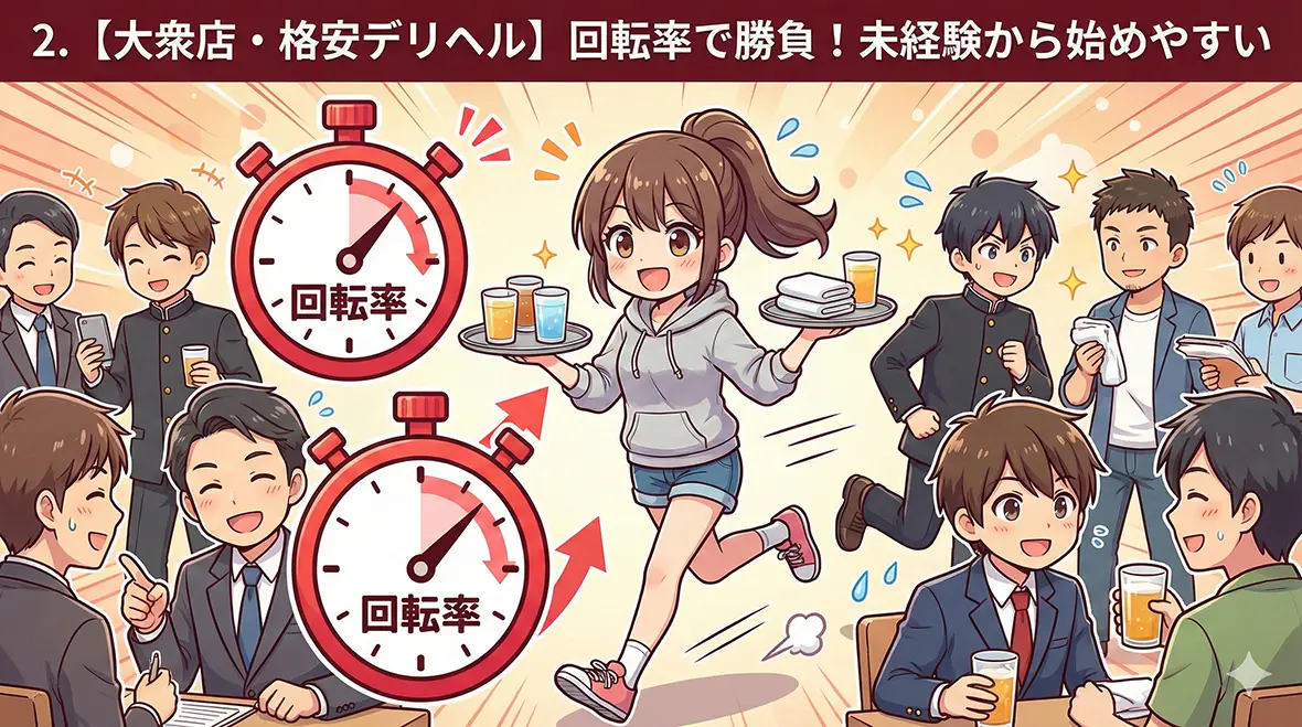 【大衆店・格安デリヘル】回転率で勝負！未経験から始めやすい