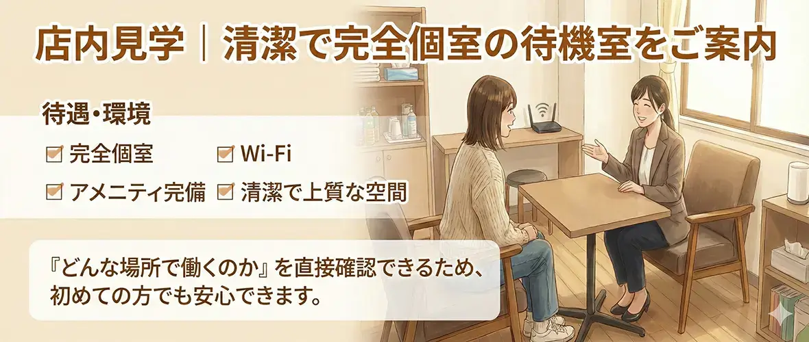 店内見学｜清潔で完全個室の待機室をご案内